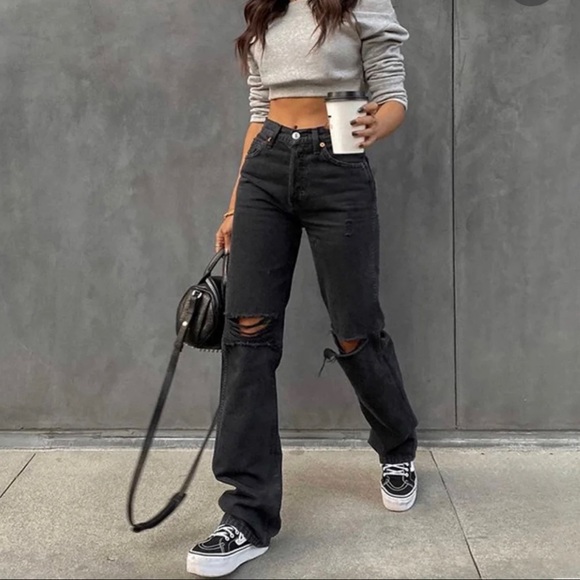 NWT ZARA BLACK WIDE LEG HI RISE JEANS, SIZE 2 - Picture 8 of 8